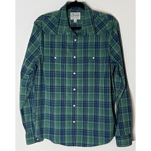 Lucky Brand Women's Western Shirt L - Green Blue Plaid Pearl‎ Snap Long Sleeve